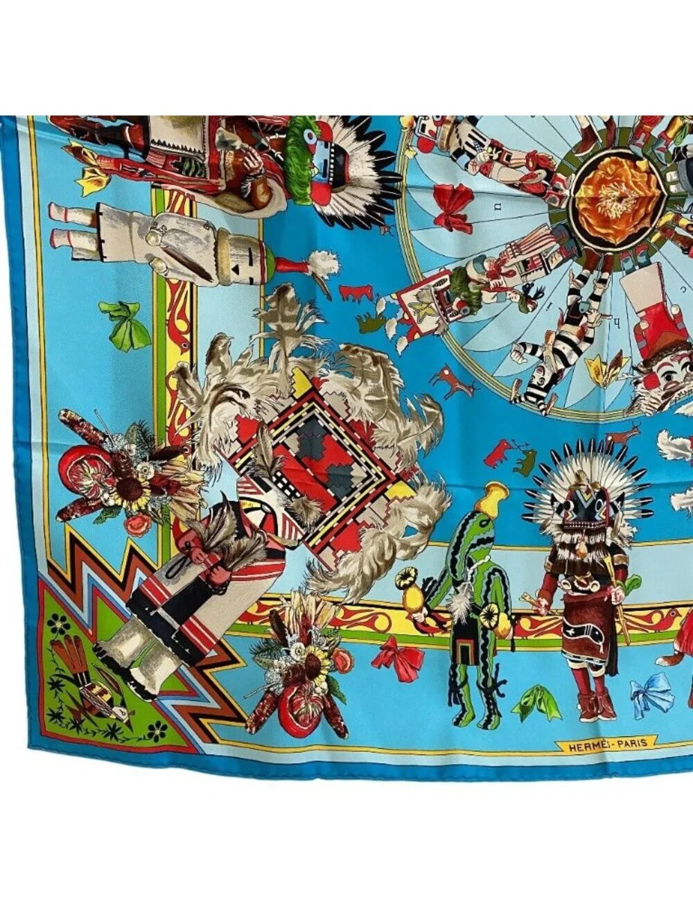 Hermes Kachinas Carre 90 Silk Scarf Blue
